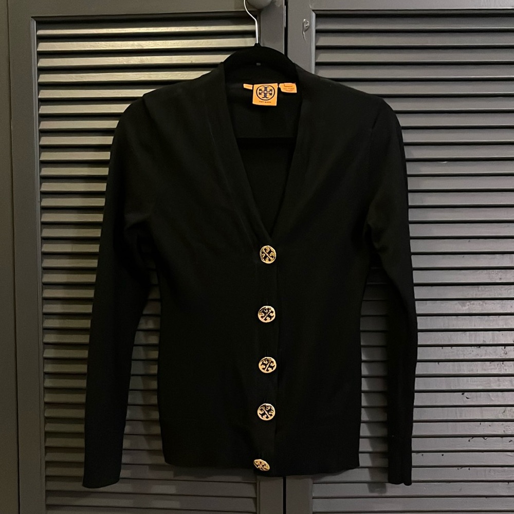 Tory Burch Logo Button Merino Wool V-Neck Cardigan Size SMALL